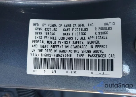 2013 Honda Accord Ex z USA, uszkodzony, nr VIN 1HGCR2F76DA280446